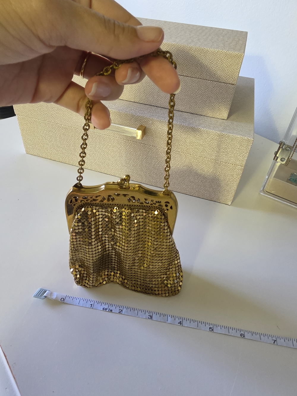 Whiting & Davis Gold Mesh Evening Wristlet with Chain